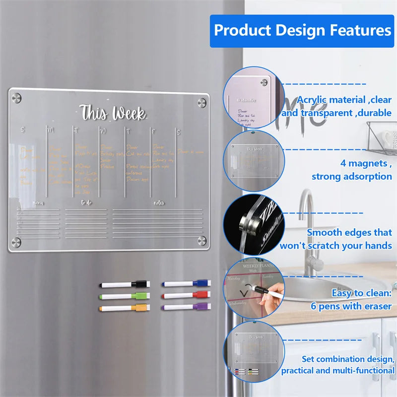 Fridge Magnet Sticker Calendar Weekly Planner Magnetic Dry Erasable whiteboard Schedule Transparent Acrylic Fridge Message Menu