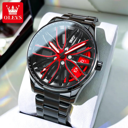 OLEVS New In Quartz Watches Men 3D Hollow Rotary Dial Luminous Stainless Steel Black Wristwatch Top Brand Fashion Sports Watch